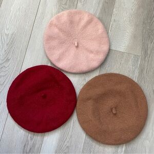 Vintage Wool Berets set of 3 womens Red Pink Tan one size french parisian artsy